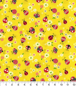 Fabric Traditions Ladybug on Yellow Novelty Glitter Cotton Fabric - Image 2