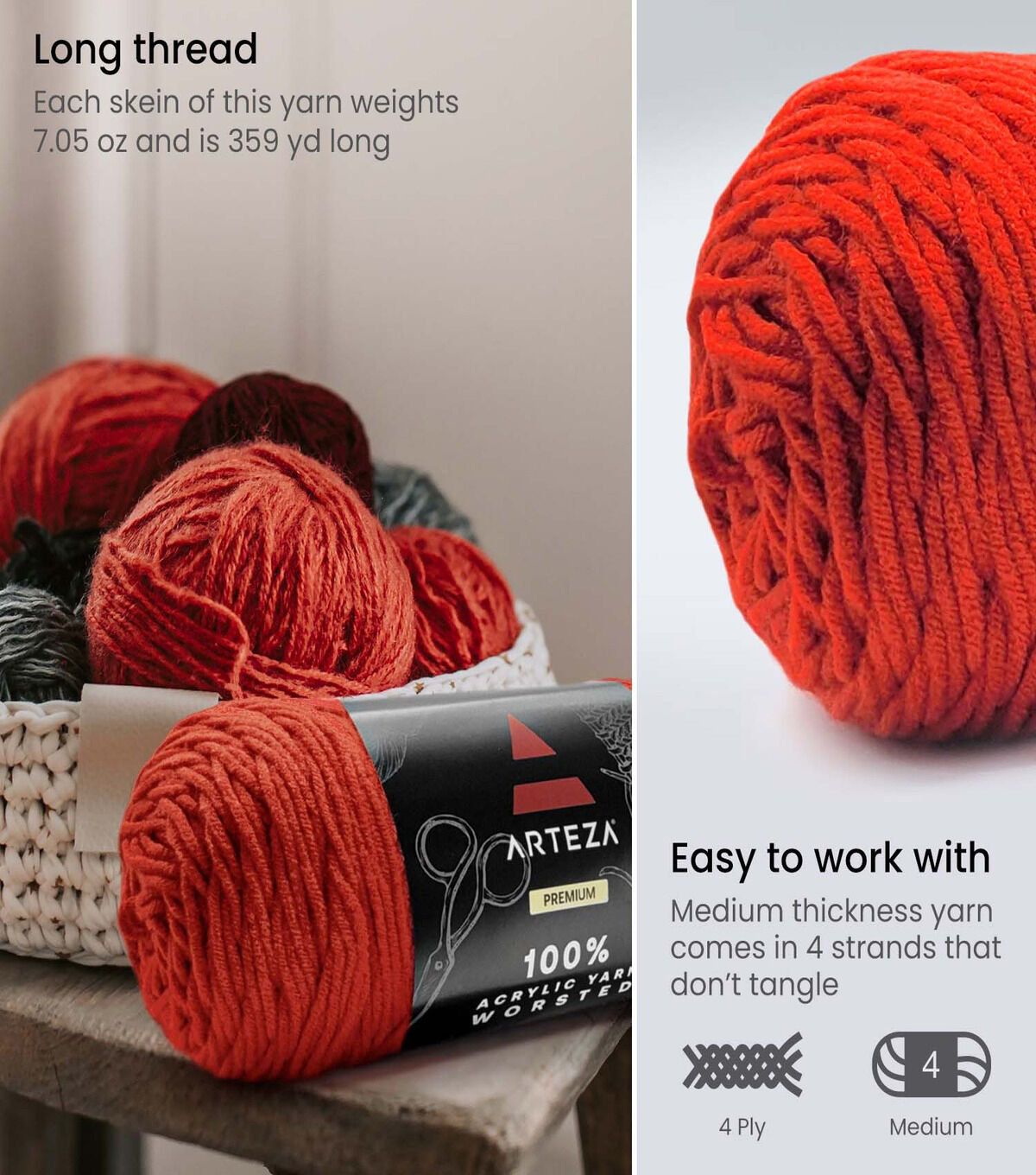 Arteza Premium 359yds Worsted Acrylic Yarn 4 Bundle - Image 5