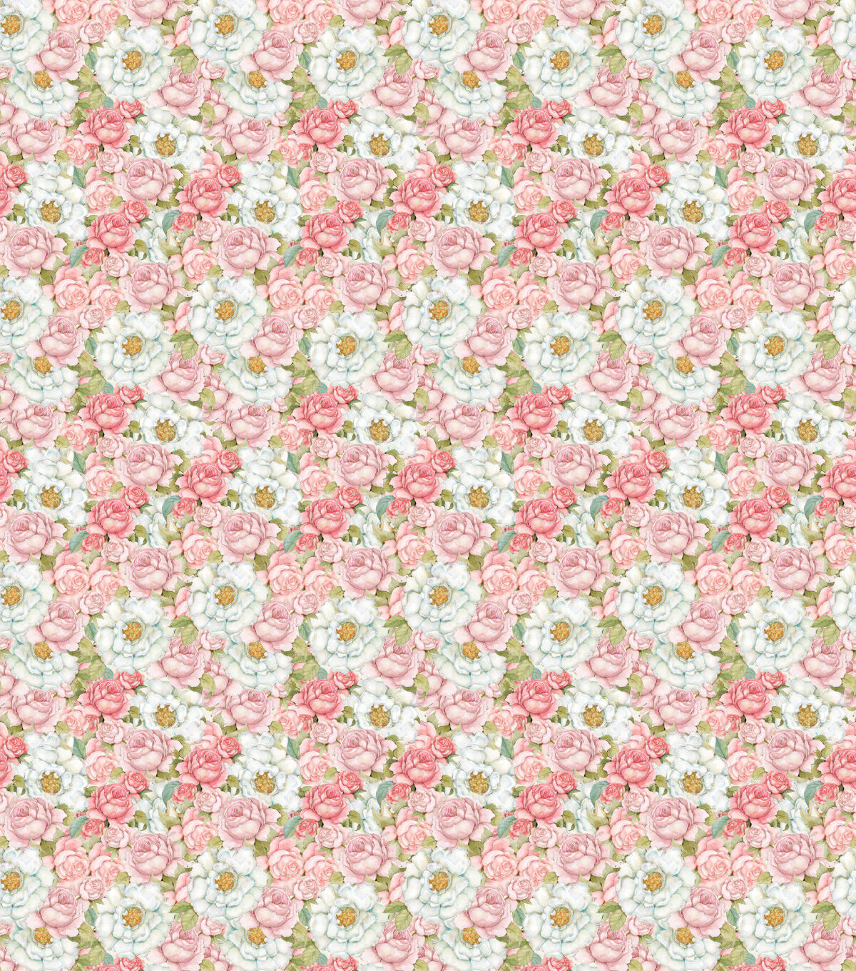 Susan Winget White Camellias Pink Roses Premium Cotton Fabric