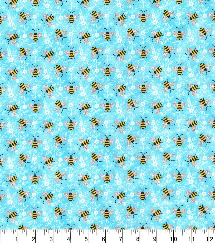 Fabric Traditions Bumblebees Light Blue Novelty Glitter Cotton Fabric