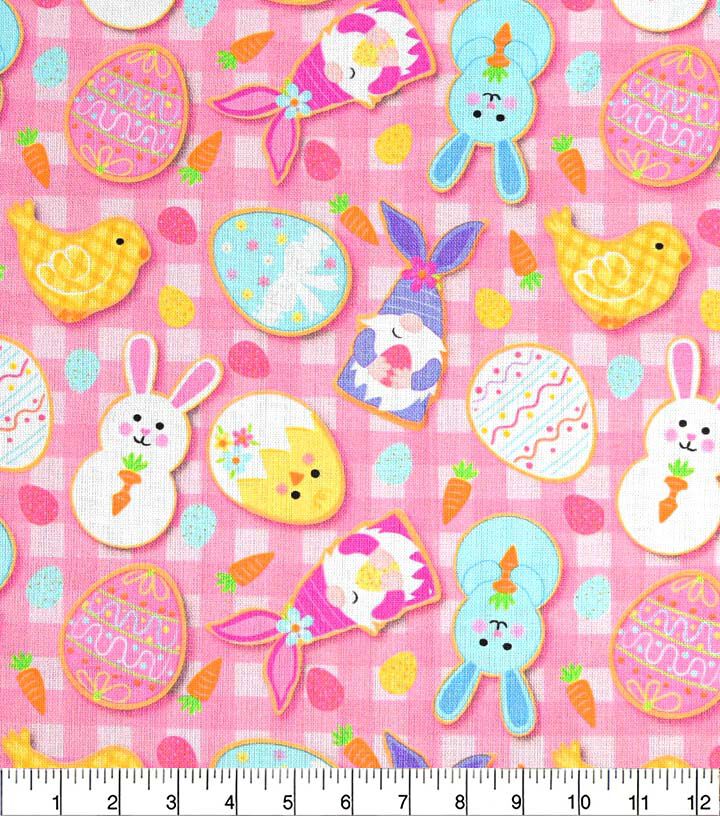 Cookies on Pink Plaid Easter Cotton Fabric - Image 2