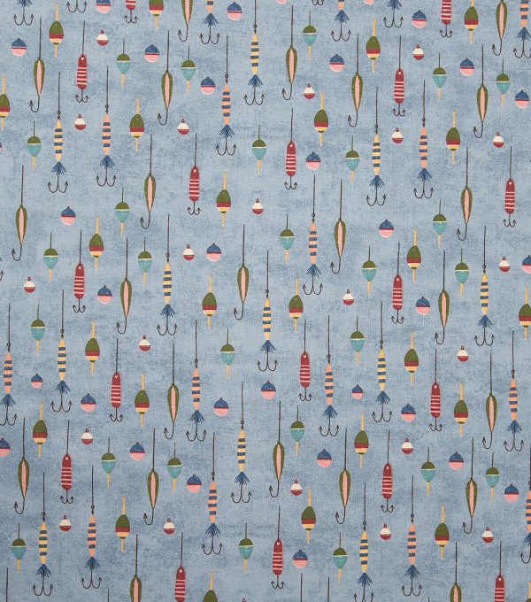 Fishing Hooks On Blue Novelty Prints Cotton Fabric - Image 2