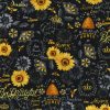 Hi Fashion Queen Bee And Sunflowers Black Premium Print Cotton Fabric