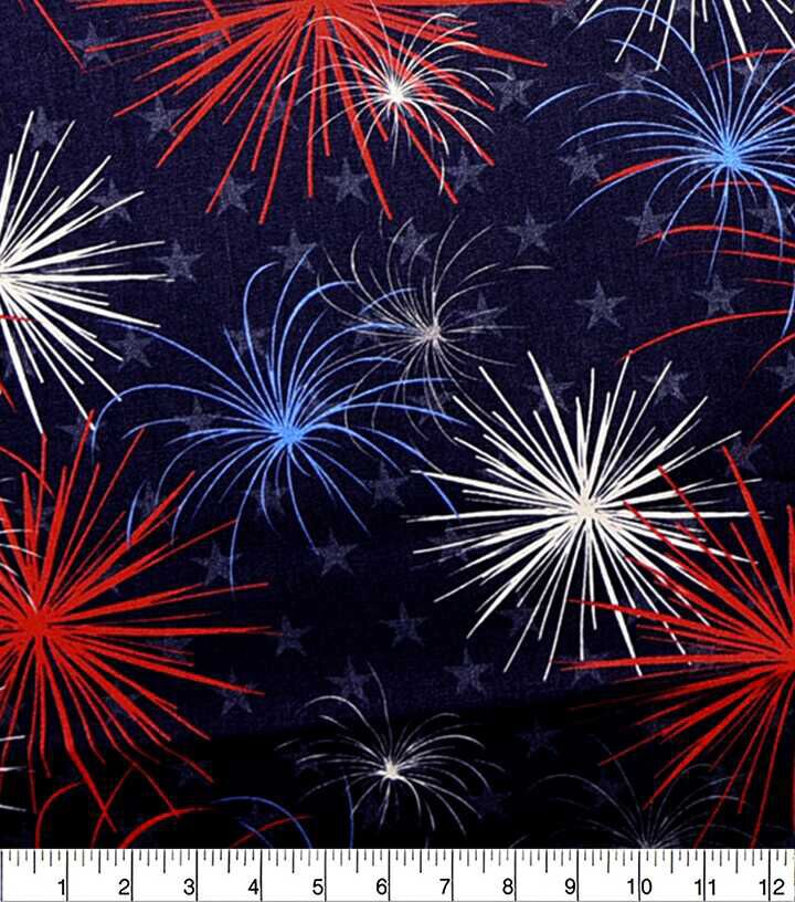 Patriotic Fireworks On Blue Cotton Fabric - Image 2
