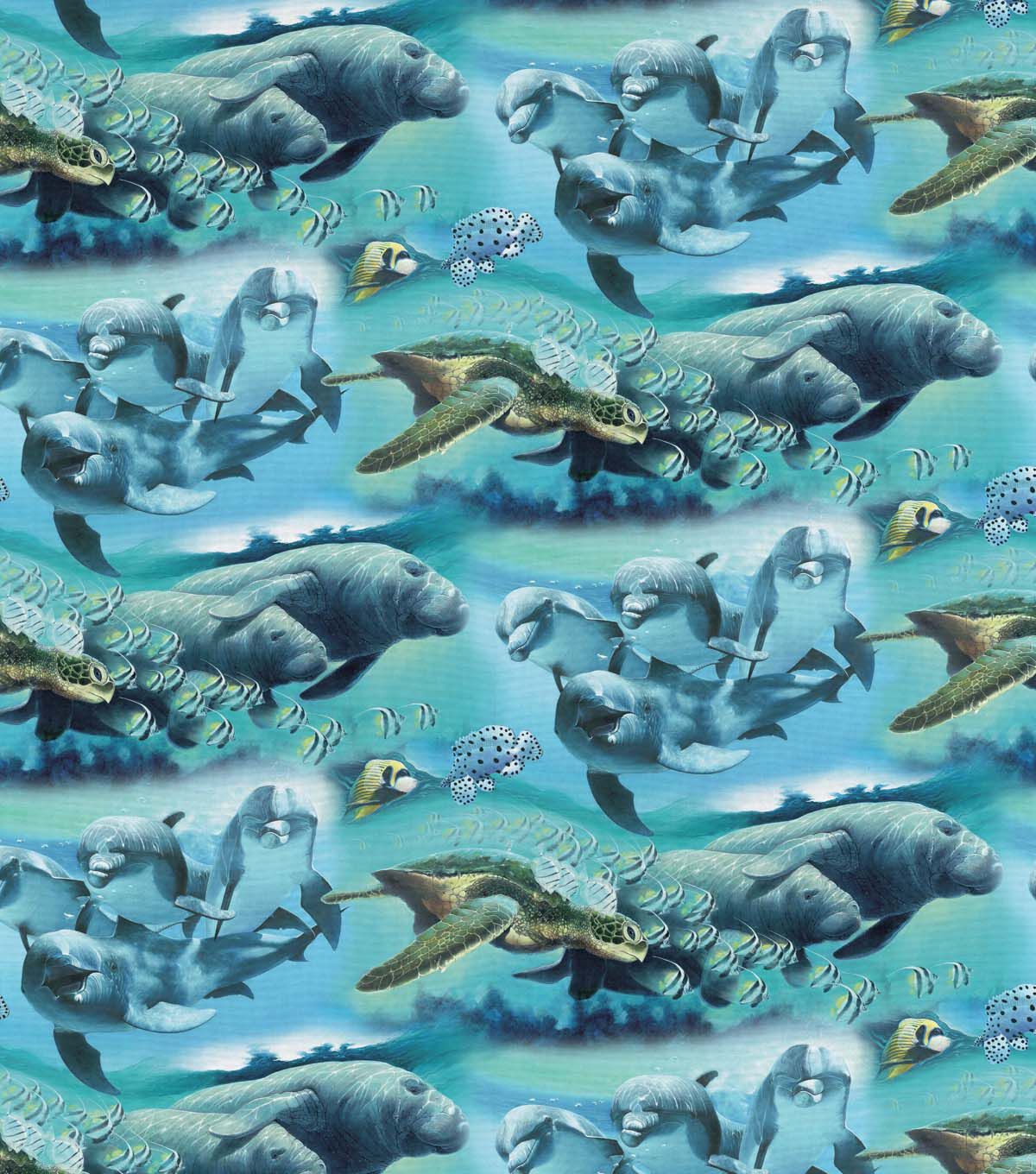 David Textiles Dolphins Manatees on Blue Novelty Cotton Fabric