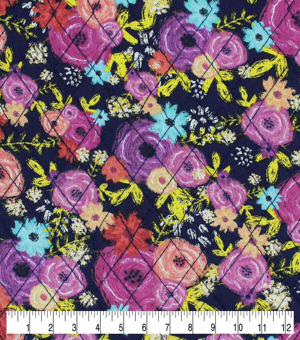 Navy Floral Double Faced Pre Quilted Cotton Fabric - Image 3