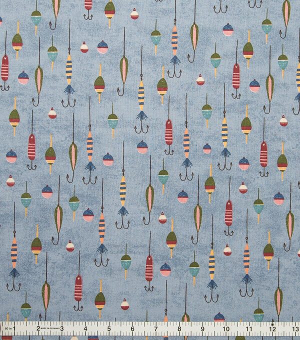 Fishing Hooks On Blue Novelty Prints Cotton Fabric