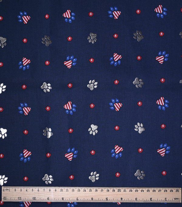Navy Paw Prints Patriotic Foil Cotton Fabric - Image 2