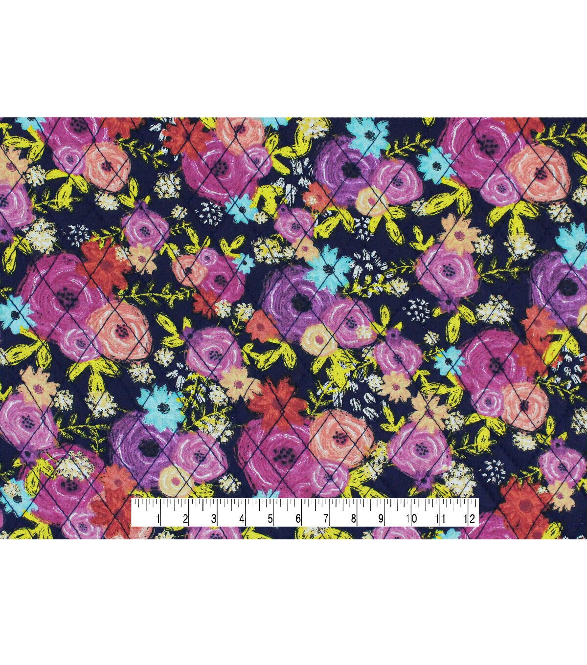 Navy Floral Double Faced Pre Quilted Cotton Fabric - Image 4