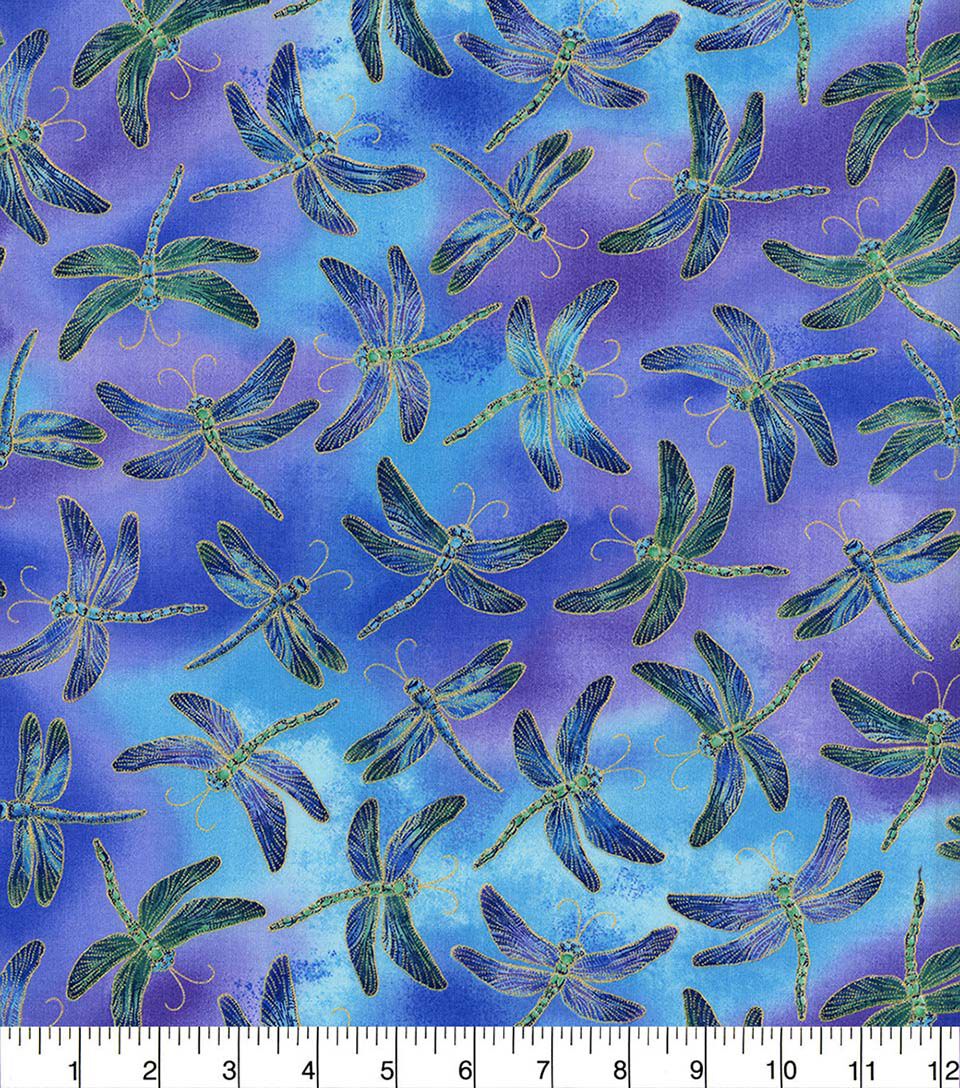 Hi Fashion Flying Dragonflies on Blue Novelty Metallic Cotton Fabric - Image 2