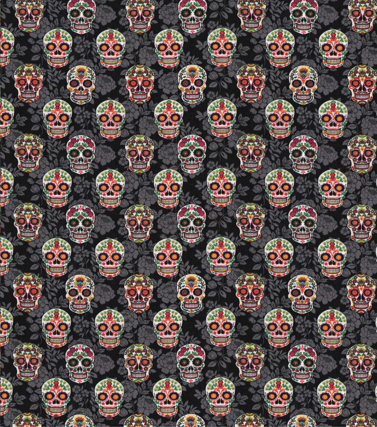 Novelty Cotton Fabric Decorative Skulls On Black Floral - Image 2