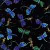 Hi Fashion Blue Dragonfly Black Premium Metallic Cotton Fabric