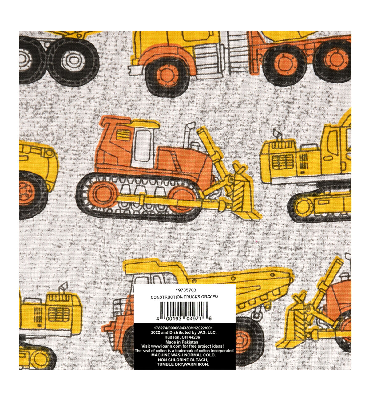 18 x 21 Yellow Construction Trucks Novelty Cotton Fabric Quarter 1pc - Image 2